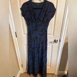 Club Monaco Leaf Patterned V-Neck Cap Sleeve Maxi Dress, Dark Blue/Black, 0